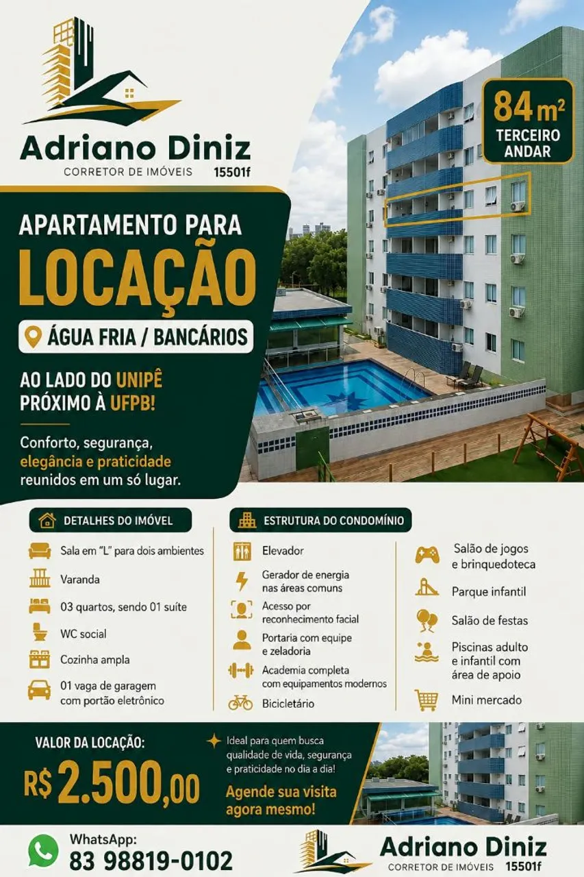 Apartamento com 3 quartos, 2 banheiros e varanda