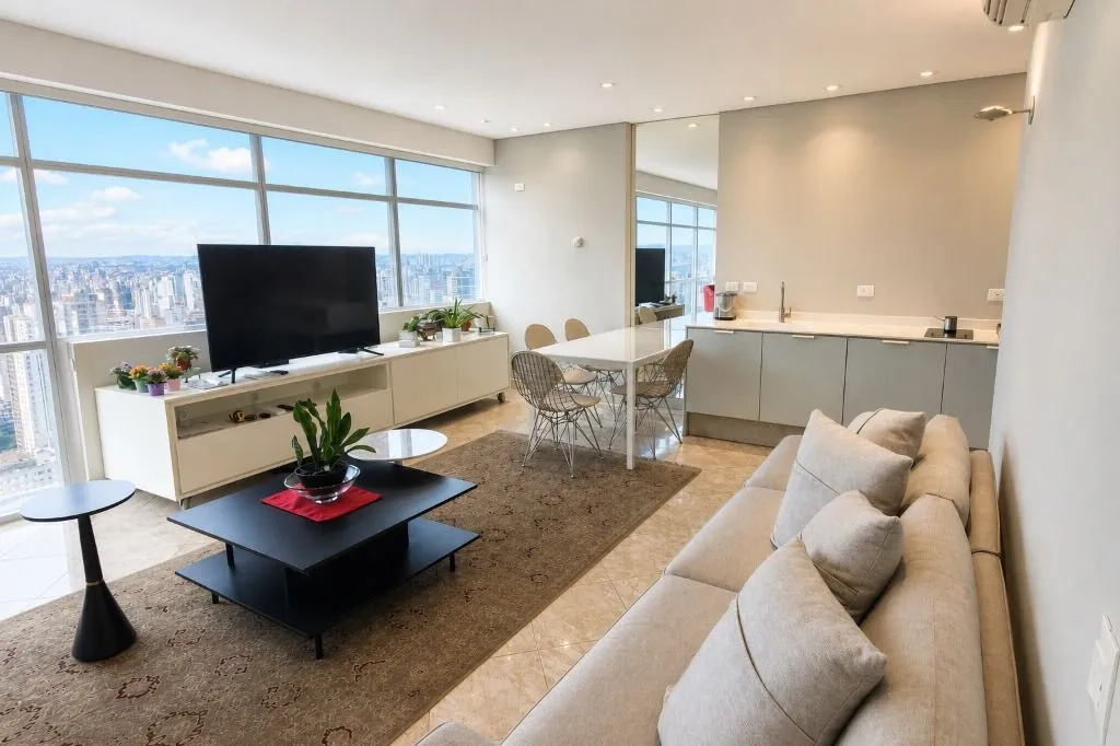 Furnished 1-bedroom apartment with an open-plan kitchen