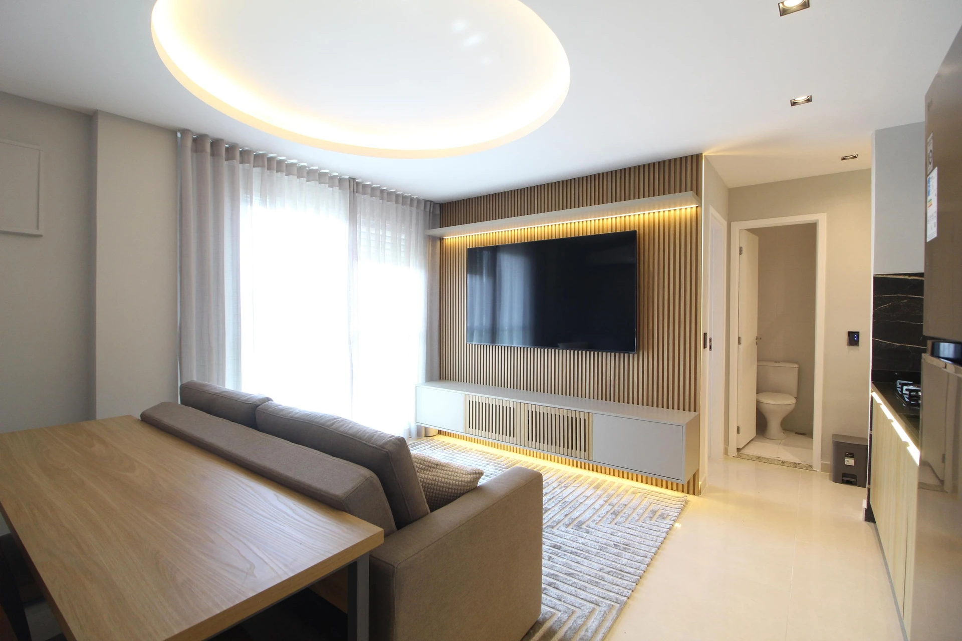 Furnished studio in a building with a sauna