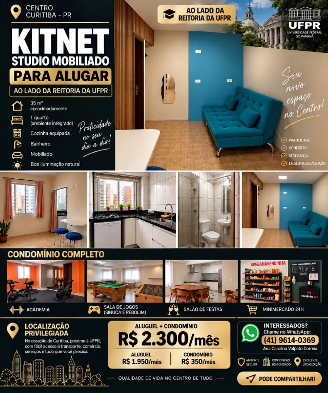 Furnished studio with open kitchen and gas stove