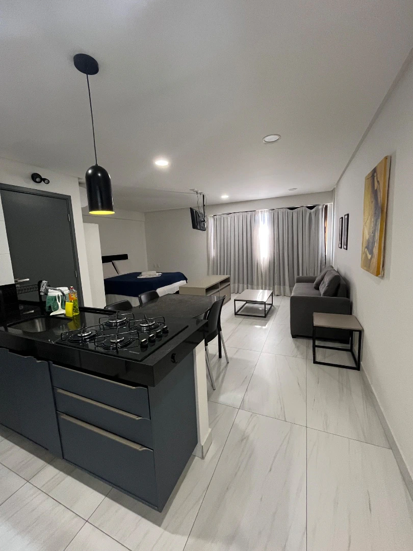 One-bedroom apartment in a building with a gym