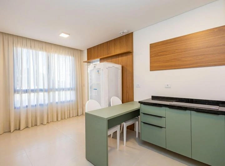 Furnished 1-bedroom apartment with an open-plan kitchen