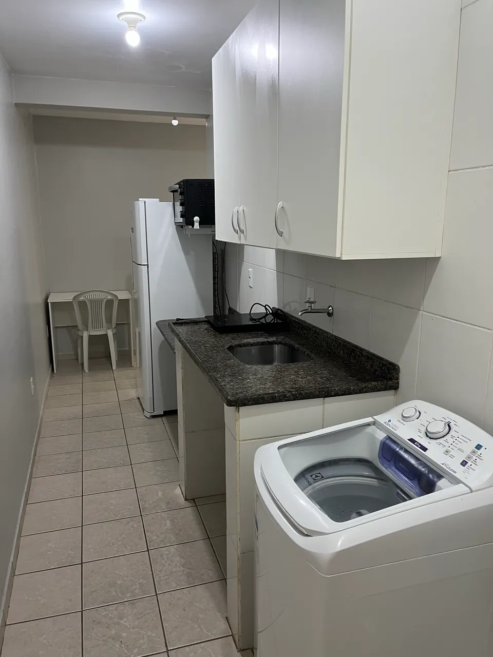 Furnished studio with balcony, bedroom and bathroom