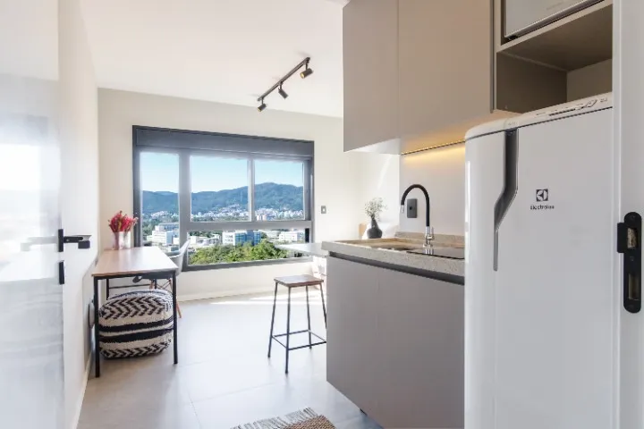 Furnished studio with open-plan kitchen and glass shower